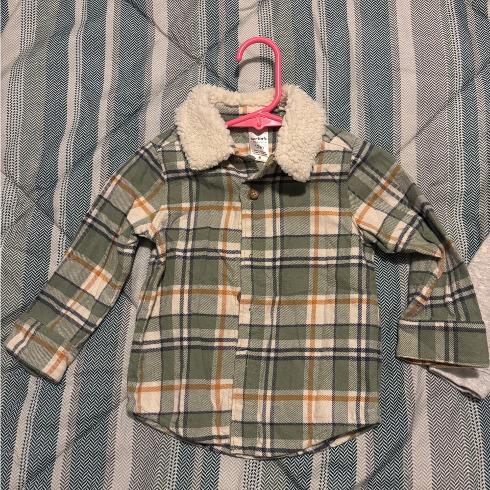 Carter's Green and Orange Plaid Shirt with Sherpa Collar